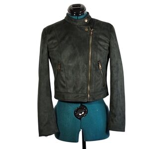 Banana Republic Vegan Suede Moto Jacket Banded Collar Green Petite XS New